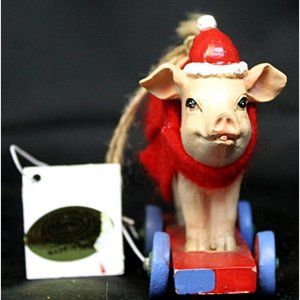 Young 3" Pig On Wagon Wheels Christmas Ornament Holiday Farmhouse Country Fun